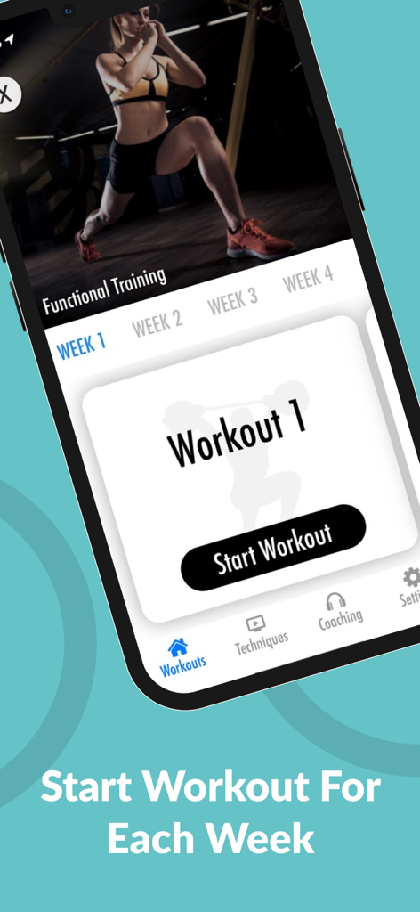 Écran de l'application Fitivity montrant un plan d'entraînement fonctionnel hebdomadaire avec un bouton Démarrer l'entraînement