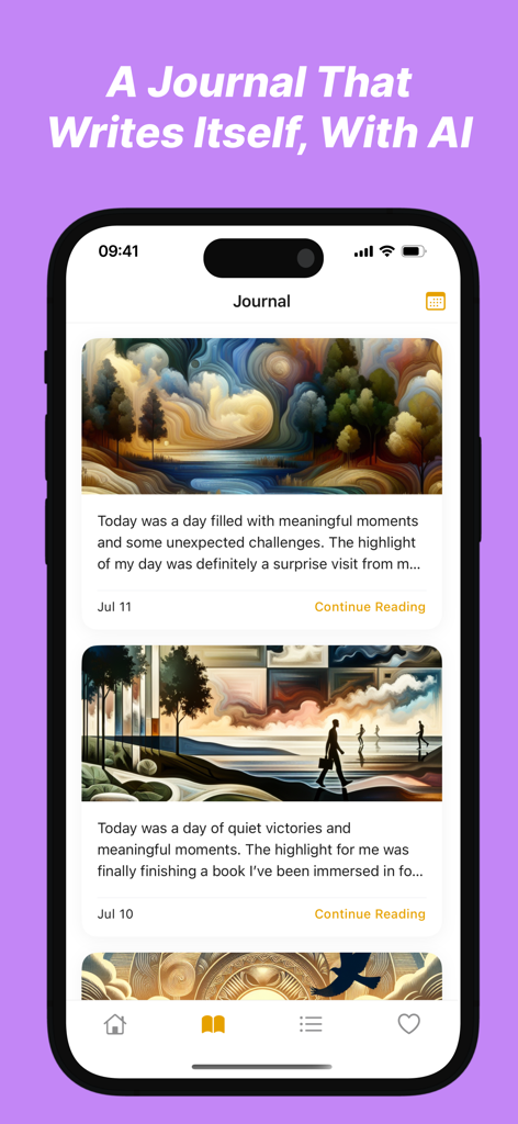 Journaling for Busy People - Una pantalla de teléfono inteligente que muestra el diario de la aplicación Reflectary con imágenes coloridas generadas por IA y reflexiones de texto para cada día.
