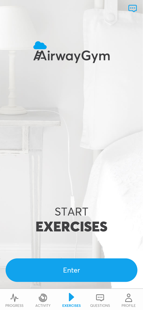 Airway Gym - Airway Gym app home screen with start exercises button and bedroom background