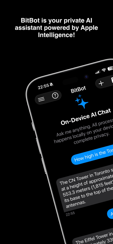 BitBot App-Oberfläche, die ein privates On-Device-KI-Chatgespräch auf einem iPhone zeigt