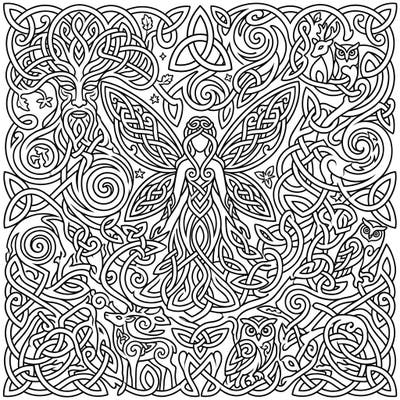 Dive into a realm of fantasy with our intricate Celtic Fairy Knots coloring page. This design features a majestic fairy, interwoven with ancient knotwork and nature spirits, offering a magical escape for adult colorists.