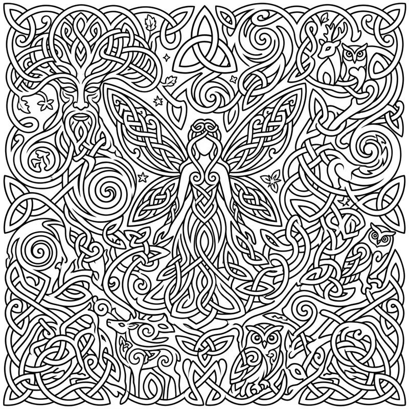 Dive into a realm of fantasy with our intricate Celtic Fairy Knots coloring page. This design features a majestic fairy, interwoven with ancient knotwork and nature spirits, offering a magical escape for adult colorists.