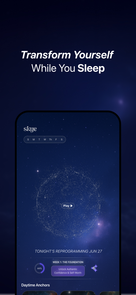 Skye - Rewire your Mind - A mobile phone displaying the Skye app interface for nightly manifestation and subconscious reprogramming against a starry sky background.