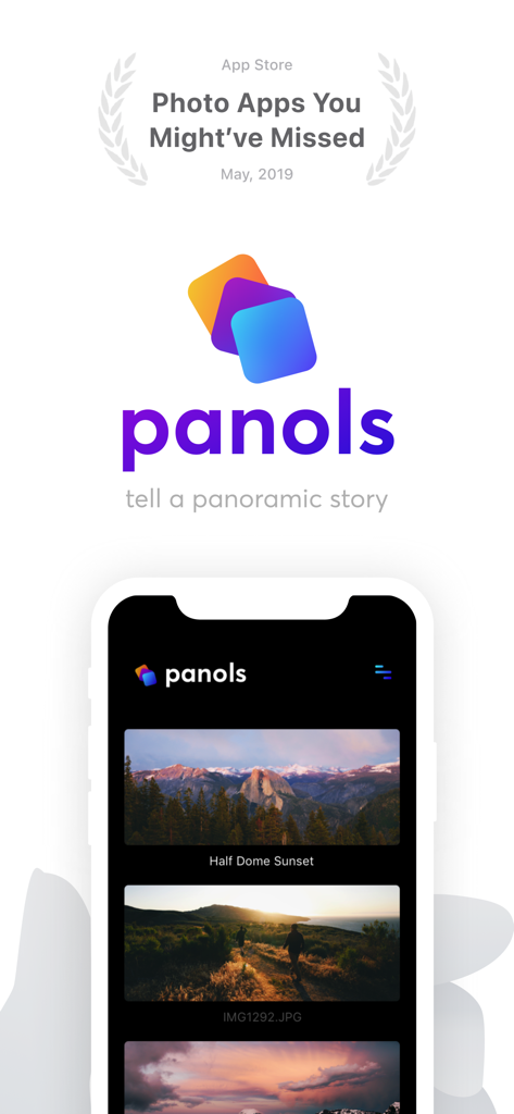 Panols - Panols app logo and tagline tell a panoramic story displayed with an iPhone mockup showing landscape photography