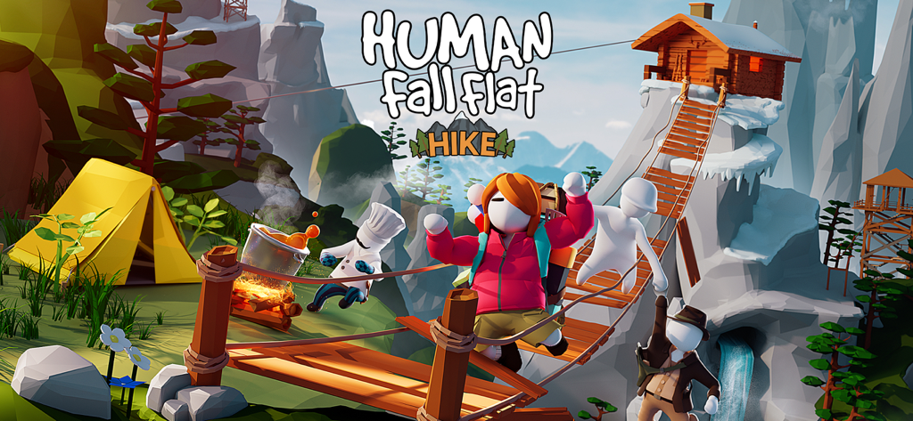 Human: Fall Flat - Personajes de Human Fall Flat en un colorido escenario de senderismo de montaña con una fogata y un puente colgante