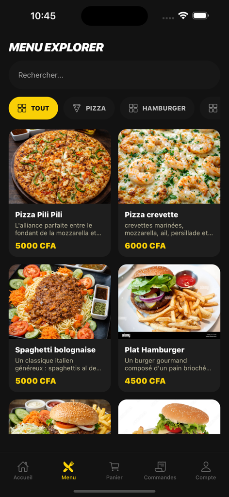 Shawarma House App Menü-Explorer mit verschiedenen Gerichten wie Pizza und Burgern mit ihren Preisen.