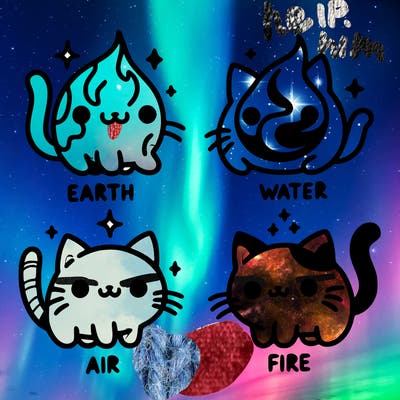 4 cats that represent the different elements, earth, water, air, and fire