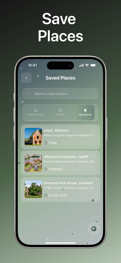 Capture d'écran de l'écran Lieux Sauvegardés dans l'application Urbex montrant une liste de lieux abandonnés comme Imber et l'Hôpital Whitchurch