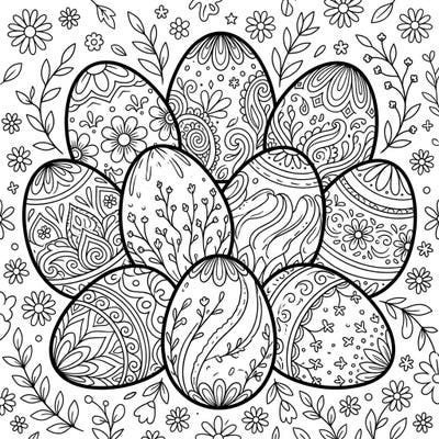 Celebrate the joy of Easter with this stunning coloring page featuring a cluster of intricately designed ceramic eggs. Surrounded by charming spring flowers and foliage, it offers a delightful artistic escape for all ages.