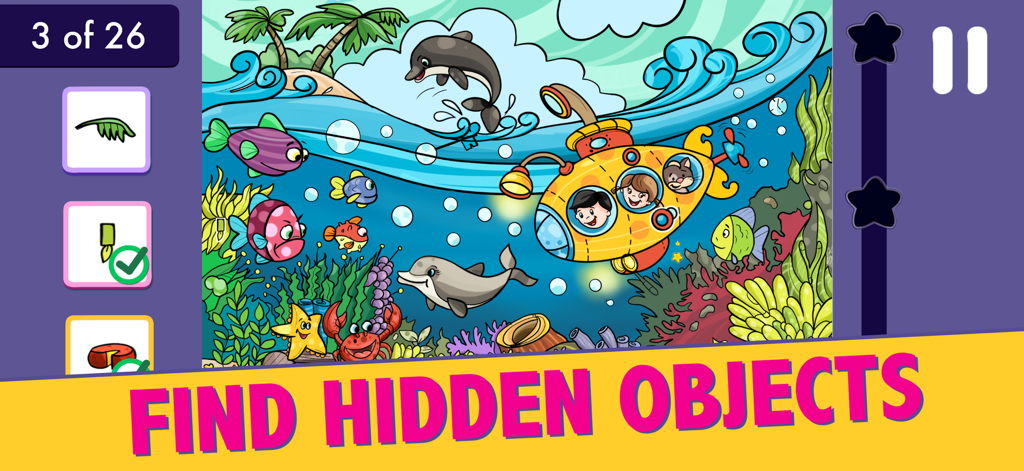 Hidden Object Puzzles For Kids - Underwater puzzle scene from Hidden Object Puzzles For Kids featuring sea animals and a submarine