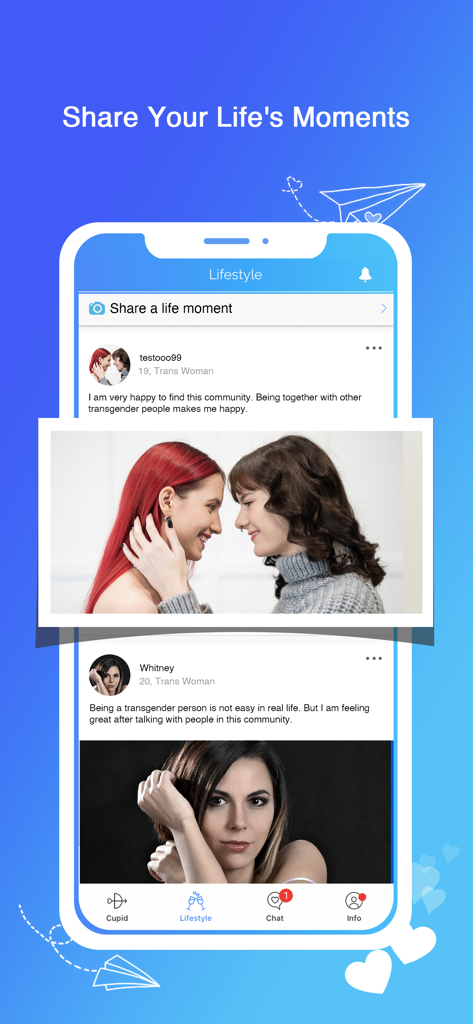 A screenshot of the Tser app showing a community lifestyle feed where transgender users share their stories and photos