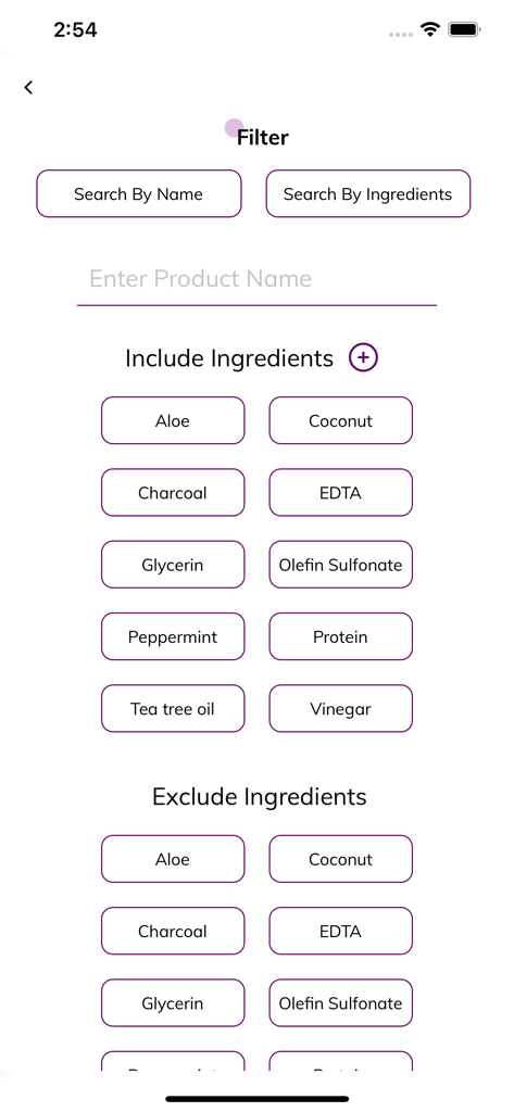 Curl Planet - Tela de pesquisa e filtro mostrando opções para incluir ou excluir ingredientes específicos para produtos de cabelo cacheado