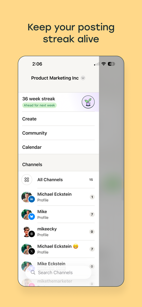 Buffer: Plan & Schedule Posts - Buffer mobile app dashboard showing a thirty-six week posting streak and a list of managed social media channels.