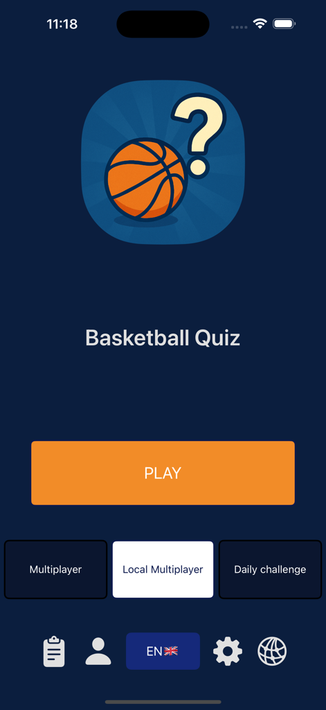 Home screen of Basketball Ultimate Quiz app with play button and game modes.