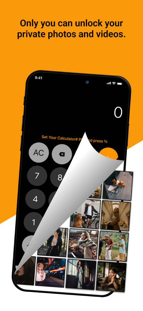 Secrete Calculator Lock Vault - A smartphone showing a calculator interface peeling away to reveal a hidden vault of private photos