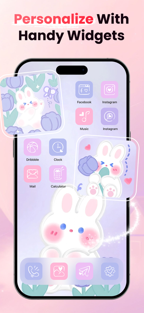 ThemeMate - Widgets & Themes - Un écran de smartphone montrant un thème de lapin pastel mignon avec des icônes personnalisées et des widgets esthétiques.