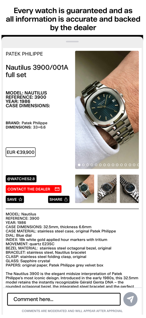 Pushers Watches - Detailed listing of a Patek Philippe Nautilus watch on the Pushers Watches mobile app showing price specifications and dealer contact information