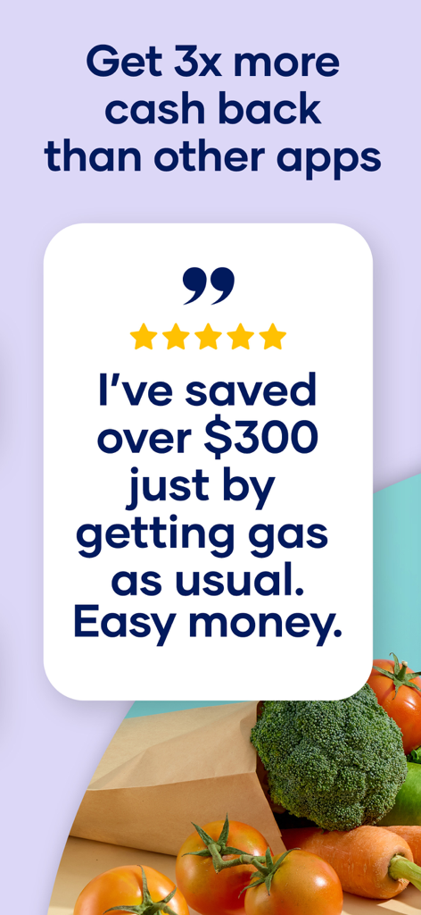 A five star user review for the Upside app highlighting over 300 dollars in savings on gas