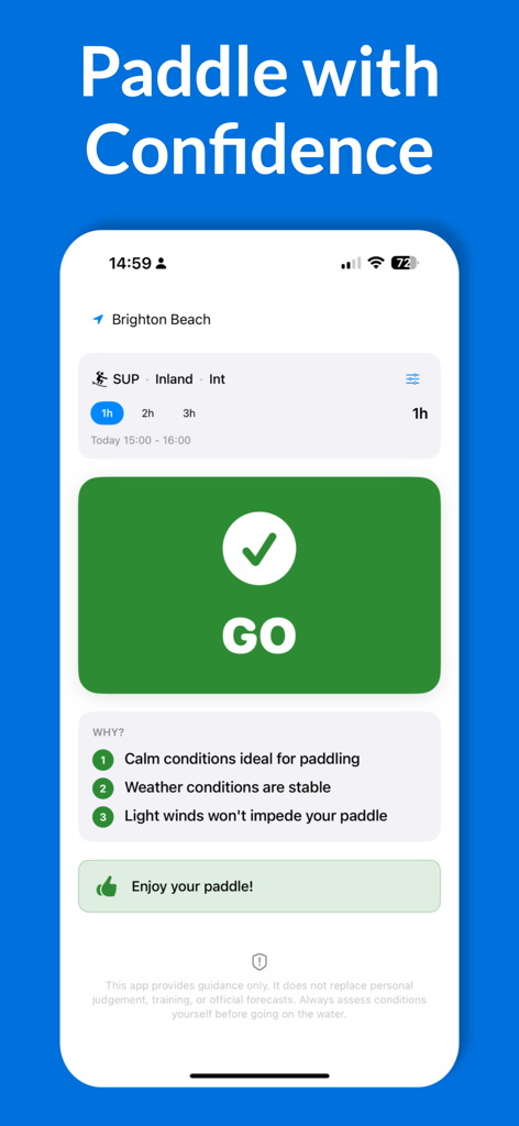 Paddle Check: Safe to Launch? - Smartphone screen showing the Paddle Check app with a green Go status and safety reasons for paddle boarding
