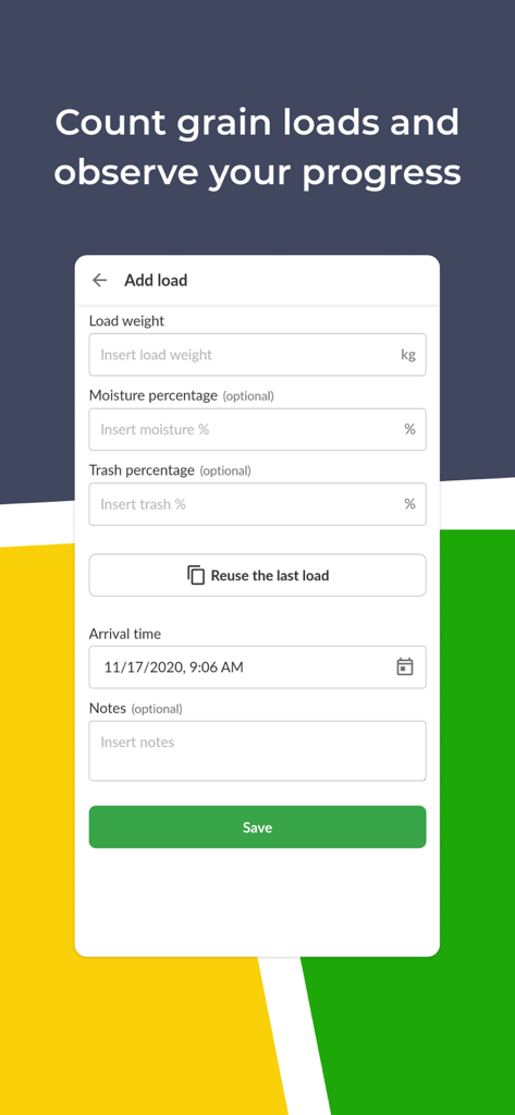 Formulaire numérique dans l'application eAgronom pour enregistrer le poids de la charge de grain et les niveaux d'humidité