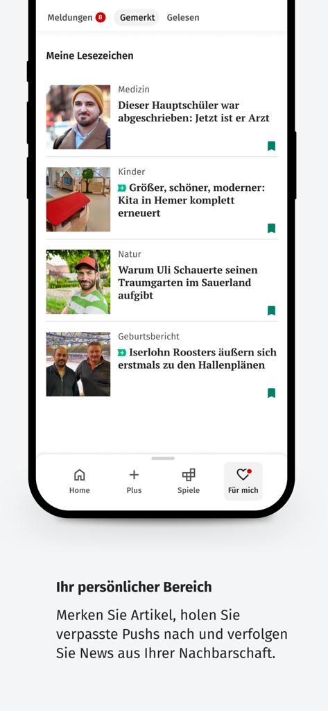 Screenshot of the IKZ News app showing the personalized For Me section with saved news articles and navigation menu.
