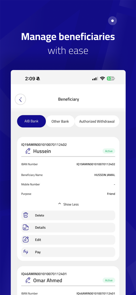 AIB Online - Una pantalla de la aplicación AIB Online que muestra una lista de beneficiarios bancarios con opciones para pagar, editar o eliminar.