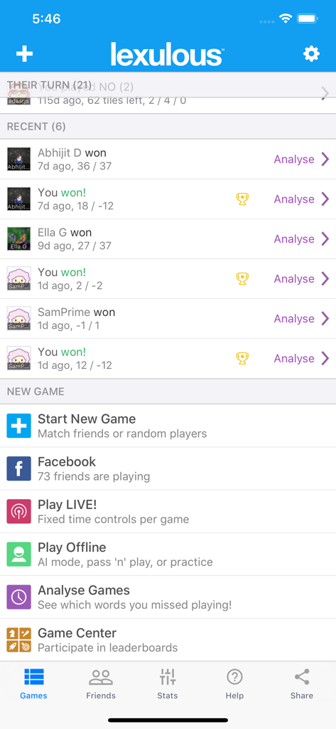 Lexulous Word Game - The main menu of the Lexulous Word Game app showing game history and play options.