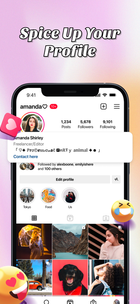 Font Keyboard - Cool Font - Smartphone showing an Instagram profile with custom decorative fonts and symbols