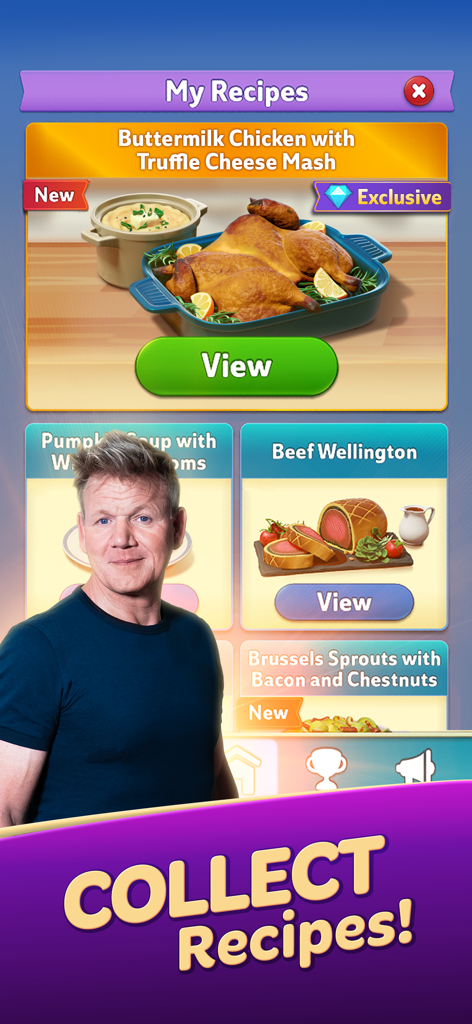 Gordon Ramsay: Chef Blast - In-game screen of Gordon Ramsay Chef Blast showing a collection of exclusive recipes like Beef Wellington.