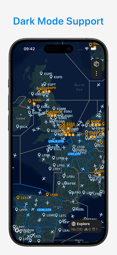 VatScope app showing real time flight simulation tracking on a dark mode map
