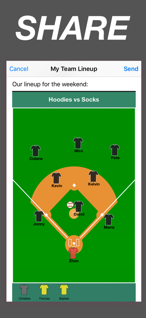 Team Lineup Basic - Sharing screen for a baseball team lineup in the Team Lineup Basic app