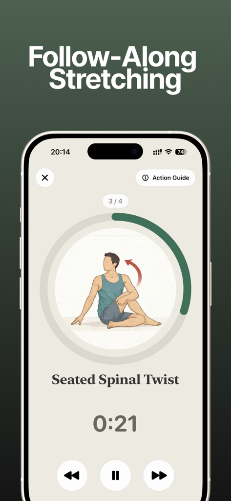 MuChills: Daily Stretch Log - Pantalla de la aplicación Muchills mostrando un estiramiento guiado de torsión espinal sentado con un temporizador de progreso