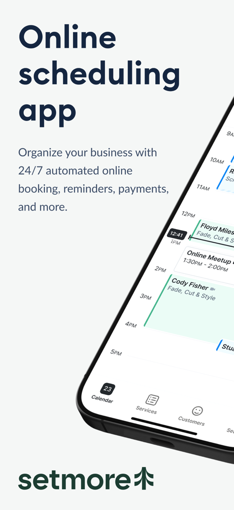 Setmore Appointment Scheduling - Setmoreオンライン予約スケジュールアプリのインターフェース。自動ビジネス予約とリマインダー用。
