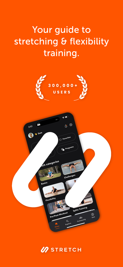 Stretch: Stretching & Mobility - Interface do aplicativo móvel Stretch: Alongamento e Mobilidade mostrando categorias de exercícios e contagem de usuários