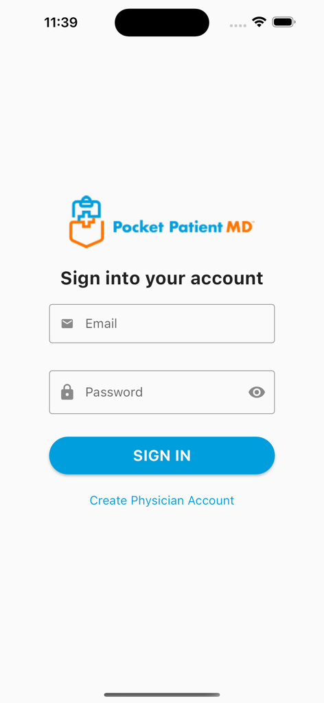 PocketPatientMD - PocketPatientMD login screen for healthcare professionals with email and password fields