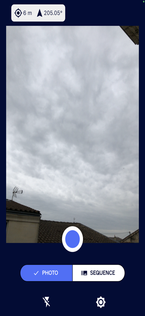 Panoramax photo - Interfaz de cámara de la aplicación Panoramax con opciones de captura de fotos y secuencias.