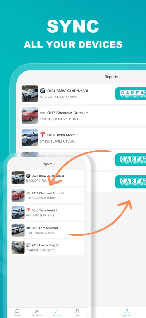 VIN PRO app interface demonstrating synchronization of vehicle history reports across multiple devices