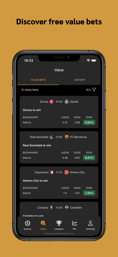 Fine Line - Fine Line app screenshot showing a list of value bets for professional soccer matches with calculated edges