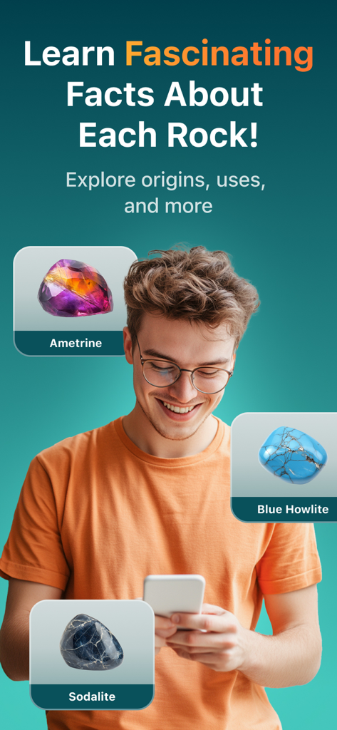 RockLens - Stone & Gemstone ID - A young man smiling while using a smartphone to explore fascinating facts and origins for rocks like ametrine and blue howlite