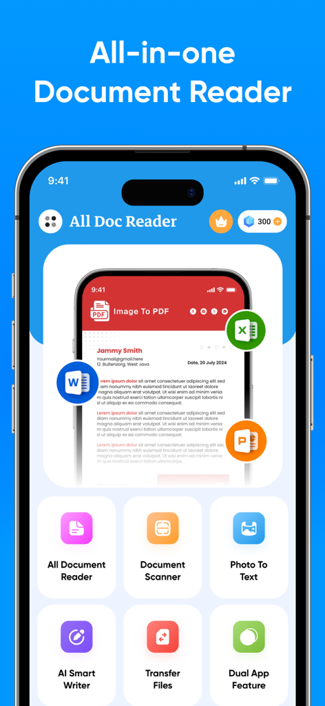 All Document Viewer - Open PDF - All-in-one document reader app interface on an iPhone displaying various productivity tools like document scanner and photo to text