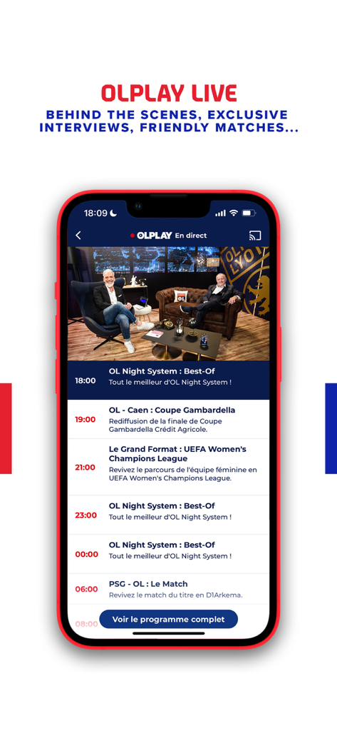 OLPLAY - Olympique Lyonnais - OLPLAY App mit Sendeplan für Live-Fernsehübertragungen und exklusiven Club-Interviews.