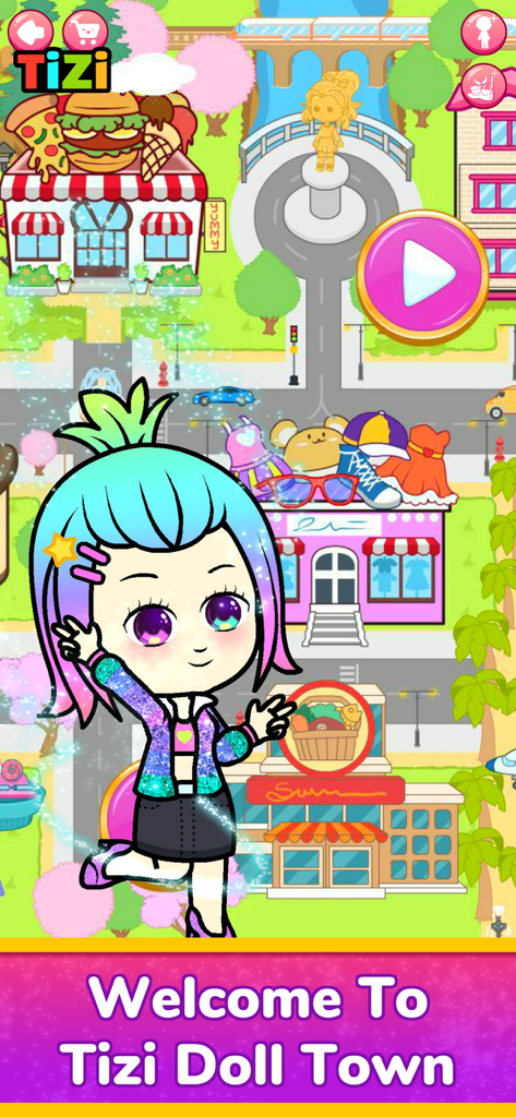 Doll Dress Up Games for Girls - Tizi Doll Townのカラフルなお店の前にある可愛いちびキャラの女の子