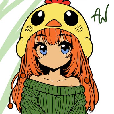 anime girl with chick shaped hat with sweater with bare shoulders with bangs covering them one eye with low tail