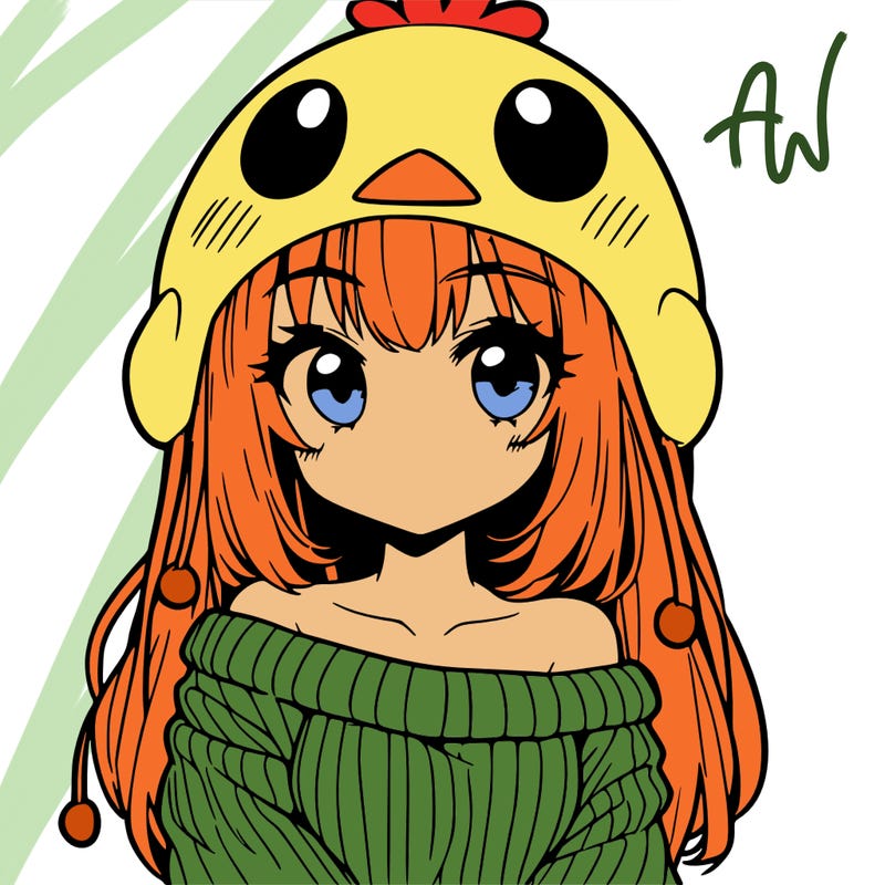 anime girl with chick shaped hat with sweater with bare shoulders with bangs covering them one eye with low tail