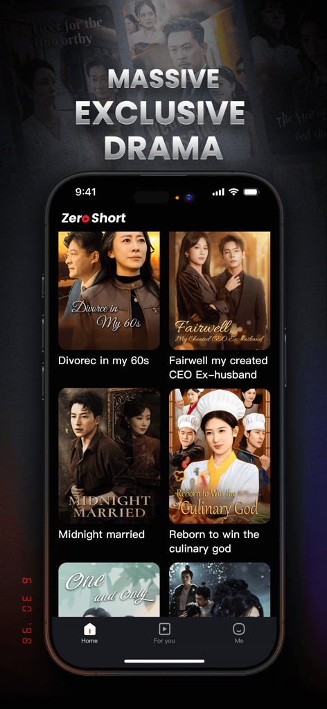 Interface of the ZeroShort app displaying a selection of short-form dramas including titles like Divorce in my 60s and Midnight Married