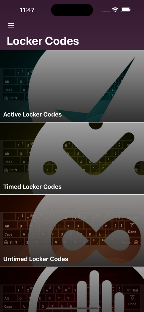 Locker Codes - Hauptmenü der Locker Codes App mit Kategorien für aktive zeitlich begrenzte und unbegrenzte Locker Codes für NBA 2K