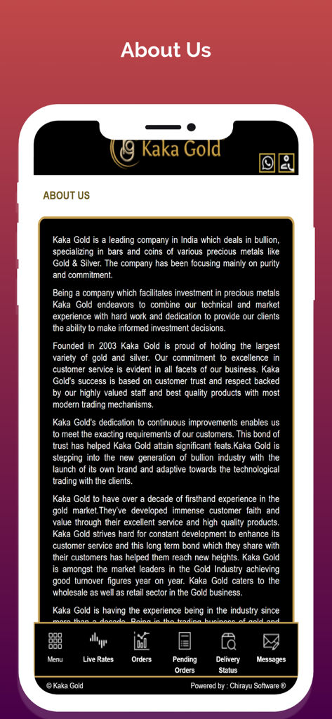 Kaka Spot - Página Acerca de nosotros de la aplicación móvil Kaka Spot que presenta la historia de la empresa y la declaración de misión de los distribuidores de metales preciosos Kaka Gold.