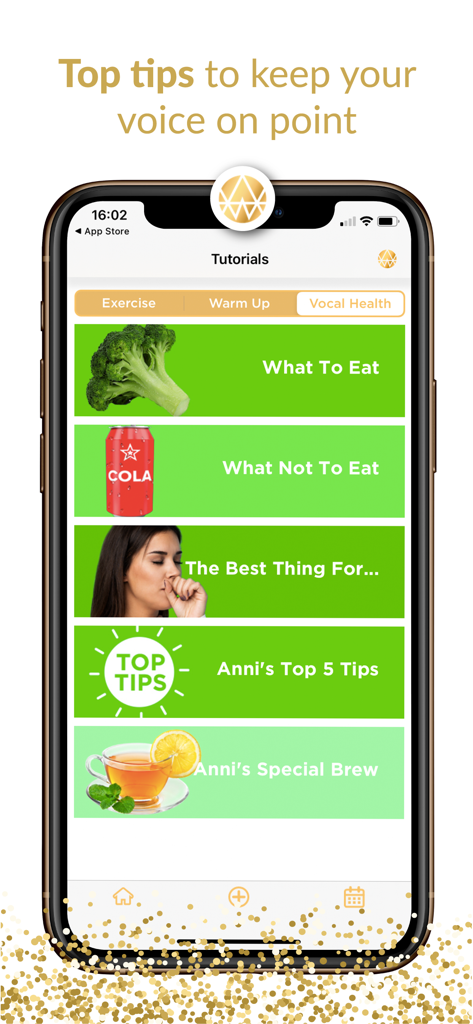 Interface of The Vocal Coach app showing vocal health tutorials including diet and nutrition advice for singers