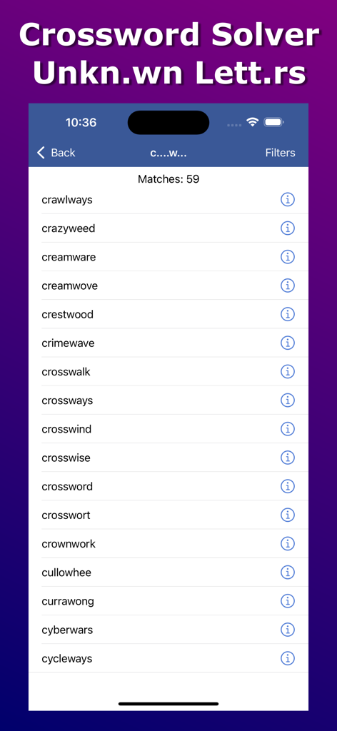 Anagram Solver - Crosswords - 不明な文字を含む単語のクロスワード検索結果を表示するインターフェース。