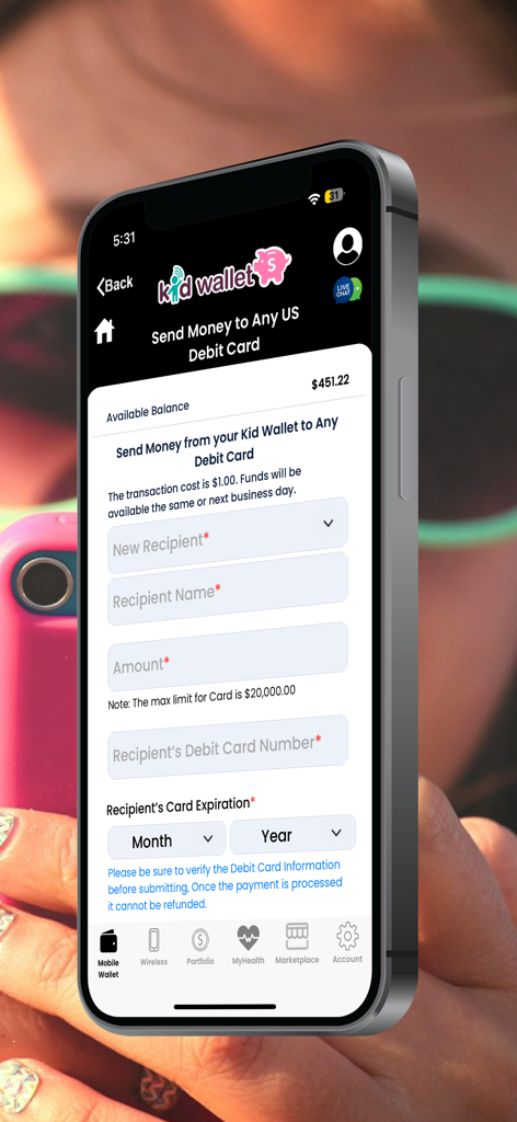 Kid Wallet - Kid Wallet app screen for sending money to a US debit card